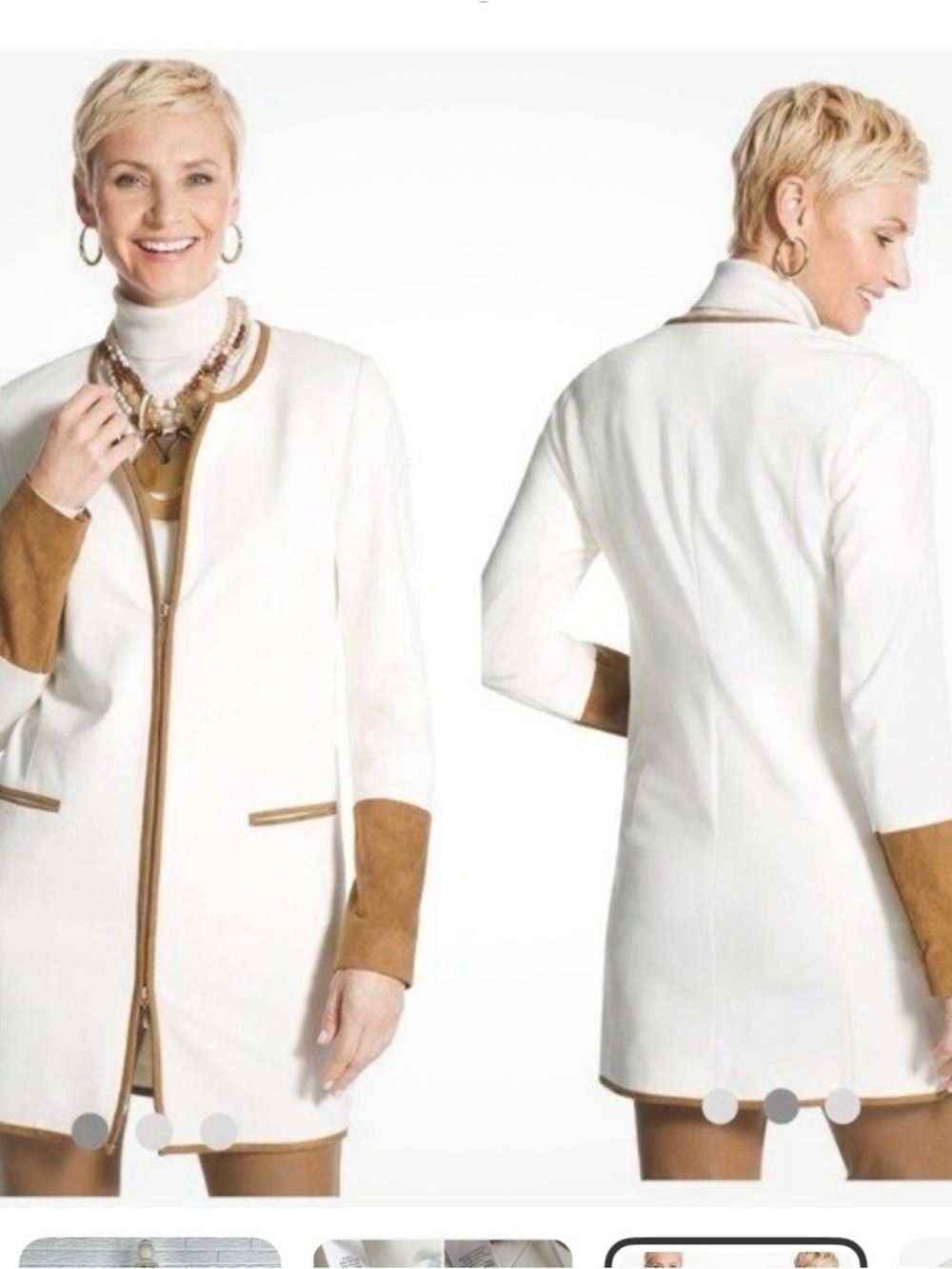 Chico's White Long Jacket with Tan Contrast Trim